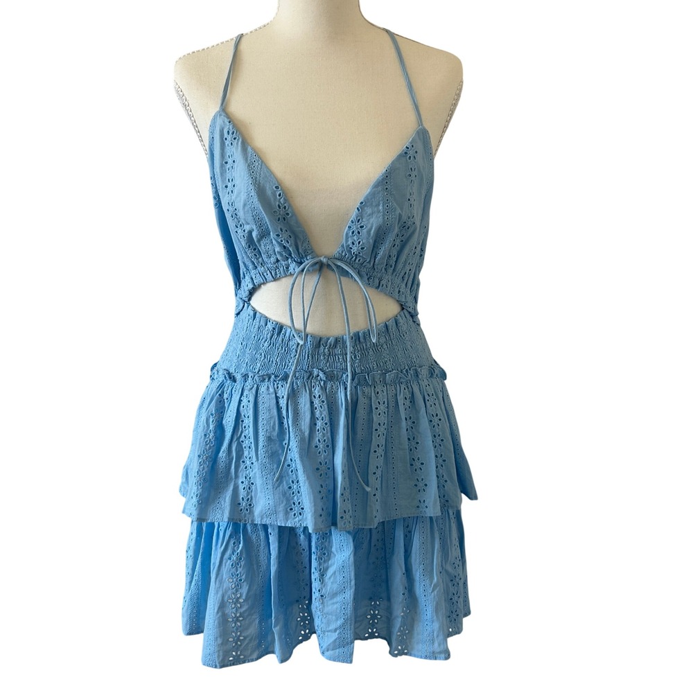 Mable Light Blue Eyelet Tiered Cutout Boho Festival Mini Dress S - Picture 4 of 11
